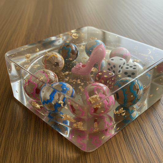 Clear resin mold with colorful high-heeled shoe and ball designs on a wooden surface
