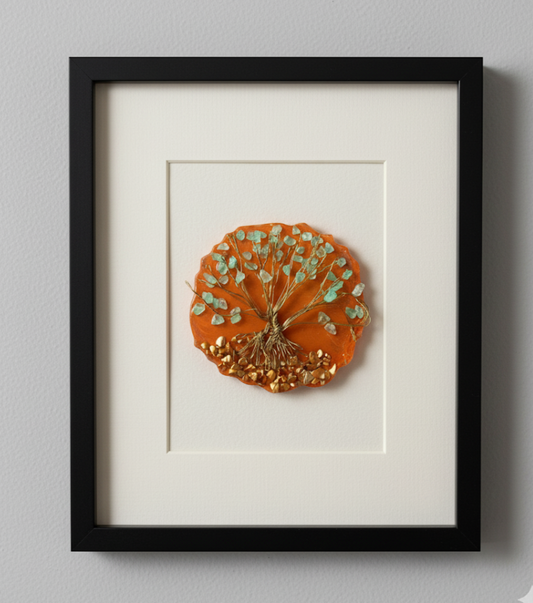 Framed artwork with a circular design featuring orange, green, and gold elements on a gray wall.