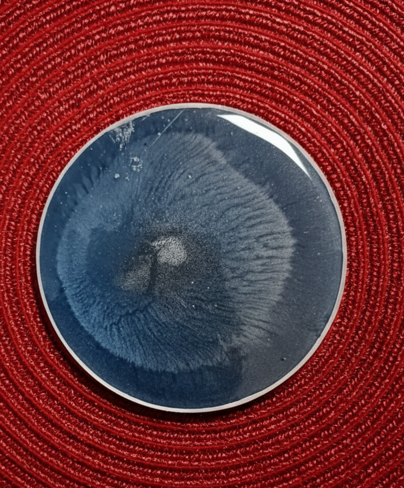 Close-up of a blue circular object on red textured fabric